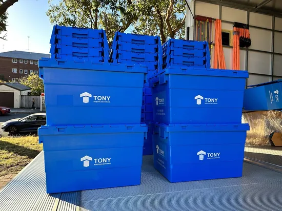 Heavy Duty Plastic Nestable Moving Crates Stackable Storage Attached Lid Tote