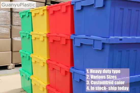 Industrial Heavy Duty Wholesale Attached Lid Nest Plastic Totes for Moving and Storage 