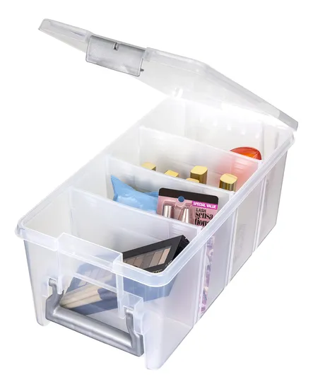 Semi Satchel with Removable Dividers Stackable Home Storage Organization Container Clear with Sliver Latches and Handle 